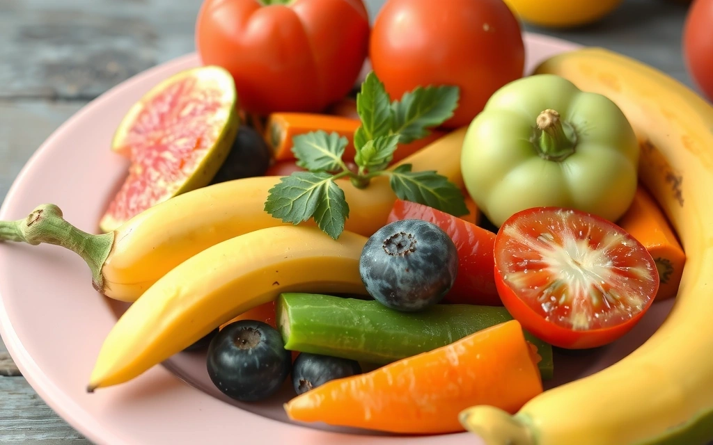 Plato colorido con frutas y verduras frescas, simbolizando una dieta rica en vitaminas.