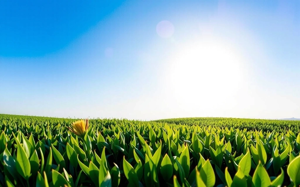 Sol brillando sobre un campo verde, simbolizando la fuente natural de vitamina D.