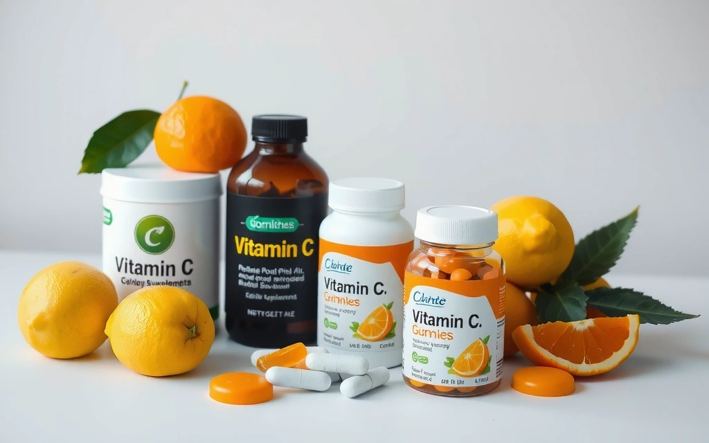 Mesa con varios tipos de suplementos de vitamina C y cítricos
