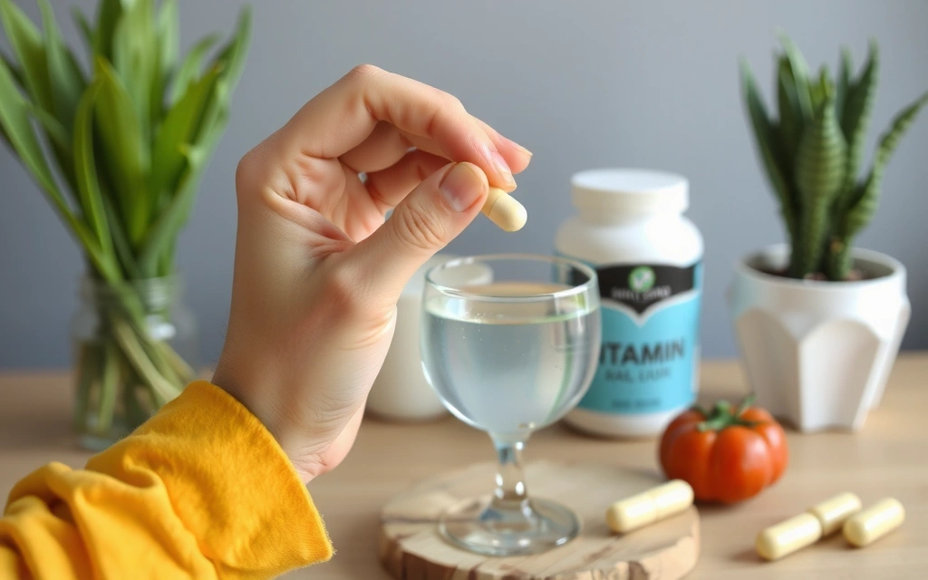 Persona tomando una pastilla de vitamina C con un vaso de agua