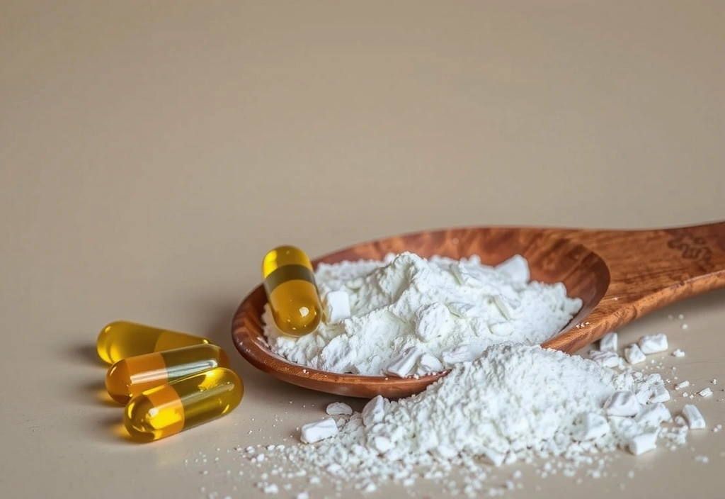 Polvo de magnesio y suplementos en una cuchara