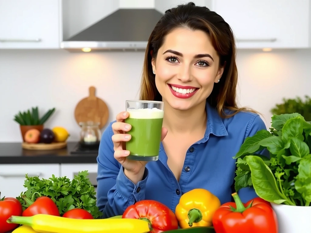 Mujer sonriente bebiendo un batido saludable