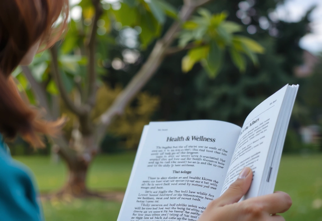 Persona leyendo un libro sobre salud y bienestar en un entorno natural.