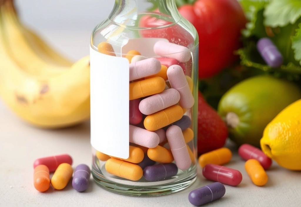 Tabletas de vitaminas de colores vibrantes en un frasco de vidrio, con un fondo suave y desenfocado de frutas y verduras frescas.