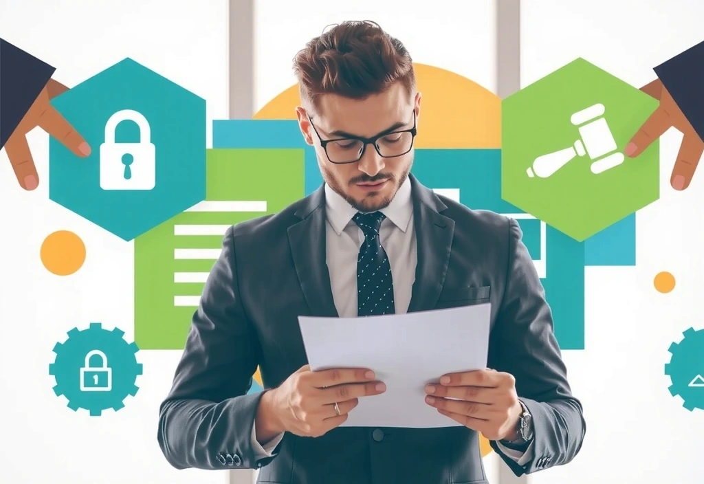 Ilustración de una persona leyendo un documento legal con un fondo abstracto de elementos de seguridad y protección de datos.