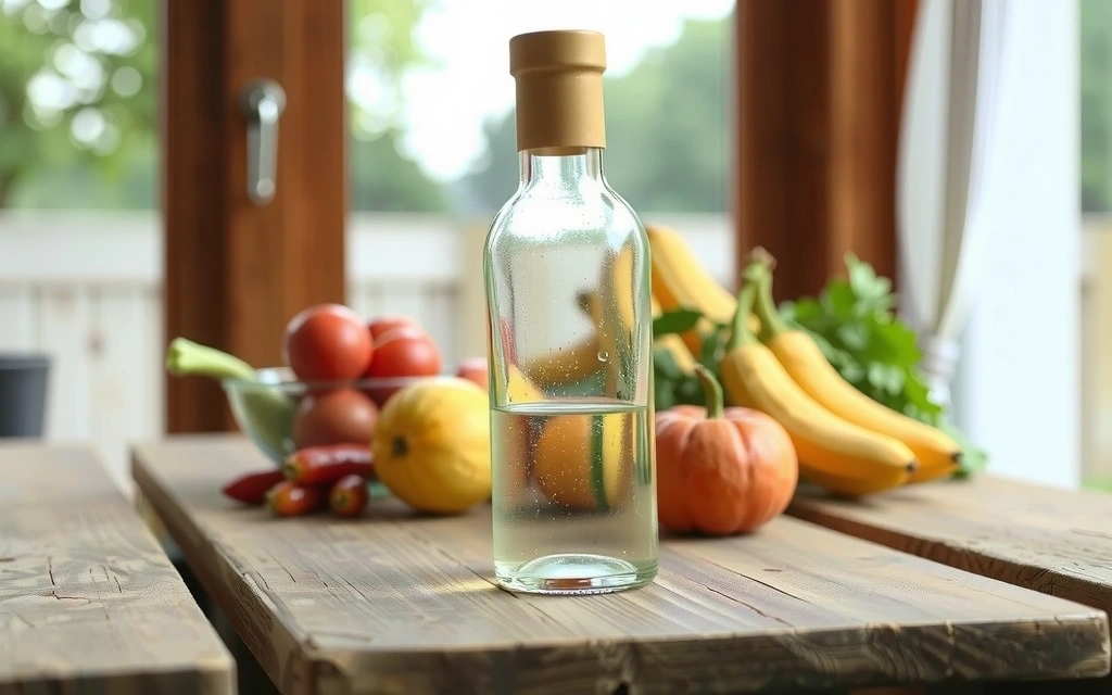 Frasco de suplementos vitamínicos naturales sobre una mesa de madera con fondo borroso de frutas